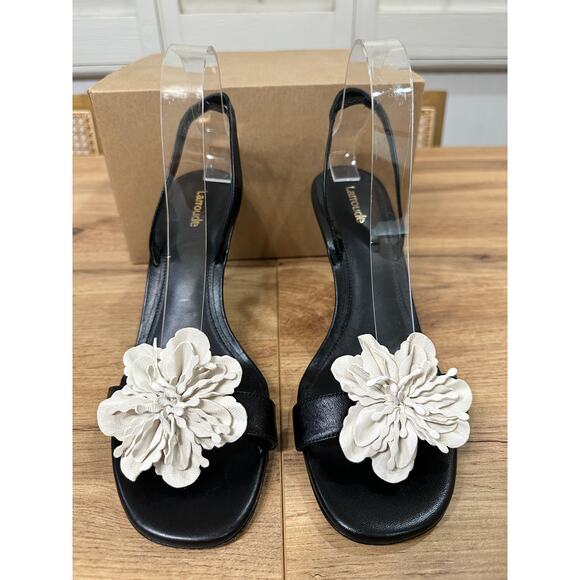 Larroude Hibiscus Slingback Sandal Heels Black Leather Floral Sz 10 Lightly Worn - Picture 3 of 13